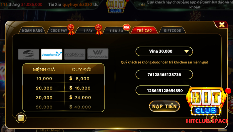 Nạp tiền Hit Club qua thẻ cào